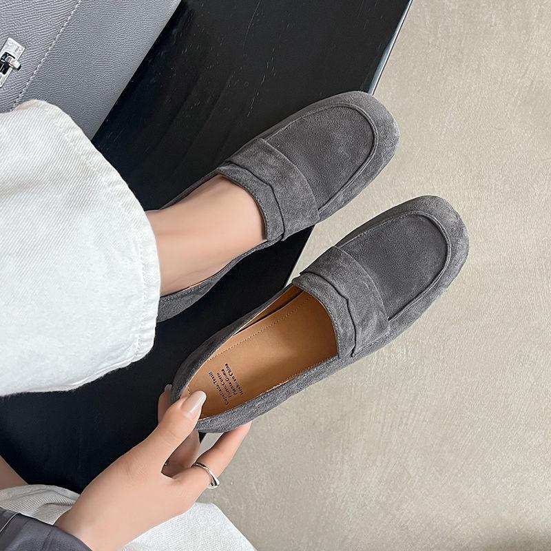 Comfort | 3cm British soft sheep anti-leather loafers women's thick heel one pedal round head gray middle heel beanie shoes
