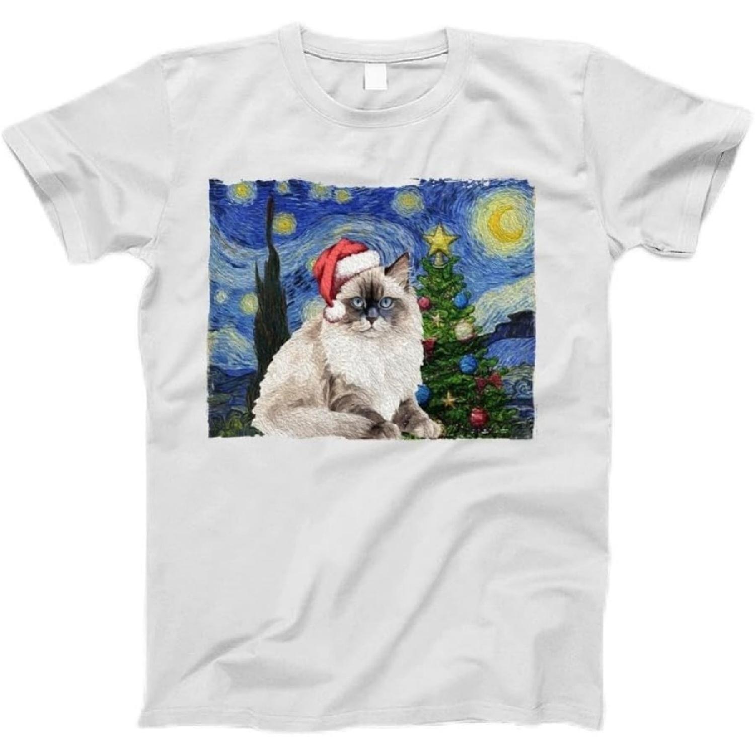 Ragdoll Cat Christmas Starry Night Impressionist Art Cat Long Sleeve T-Shirt T-Shirt, Tanktop, Long Sleeve, Sweatshirt, Hoodie for Men, Women, Kids XXXXXL белый