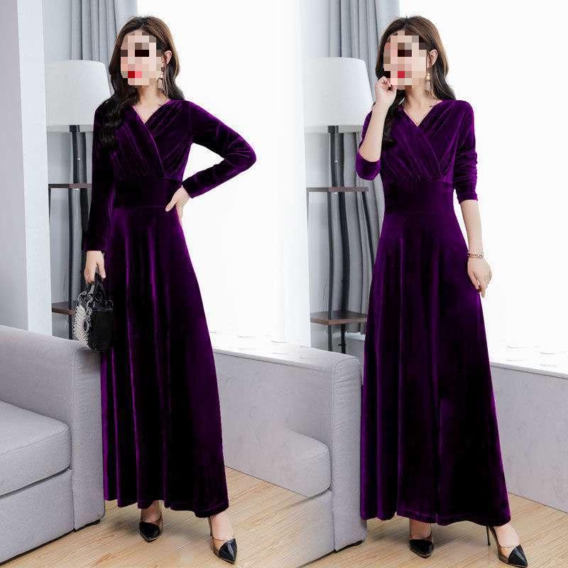 

Gold Velvet Plus Size Maxi Dress - Long Sleeve Wide Hem Evening Gown for Autumn/Winter 2026 3XL фіолетовий