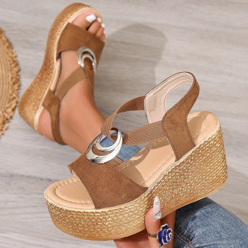 Fashion 2025 Summer New Women's Open Toe Sandals Fashion Metal Decoration Plus Size Elastic Band Sandals Dress & Casual Wedges Platform