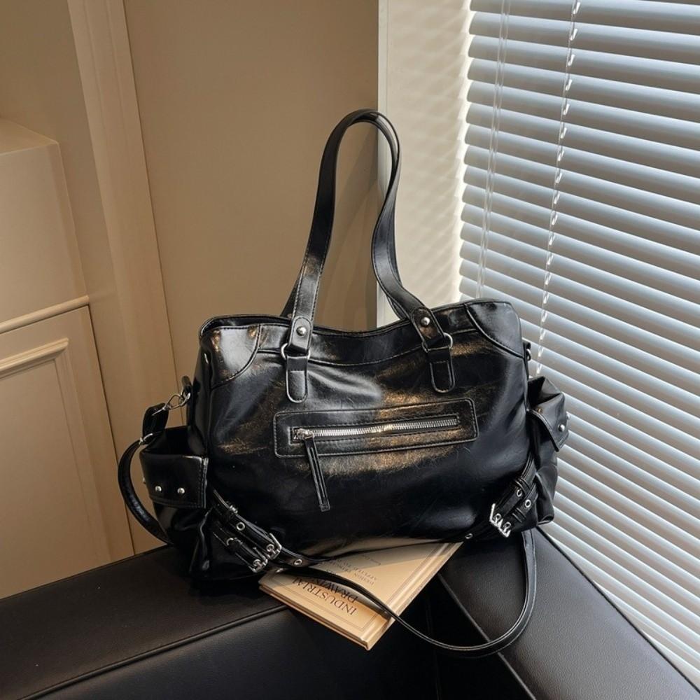 New Large Capacity PU Leather Tote Bag Soft Interior Zipper Closure Shoulder Bag Y2K Style Motorcycle Bag Daily Use