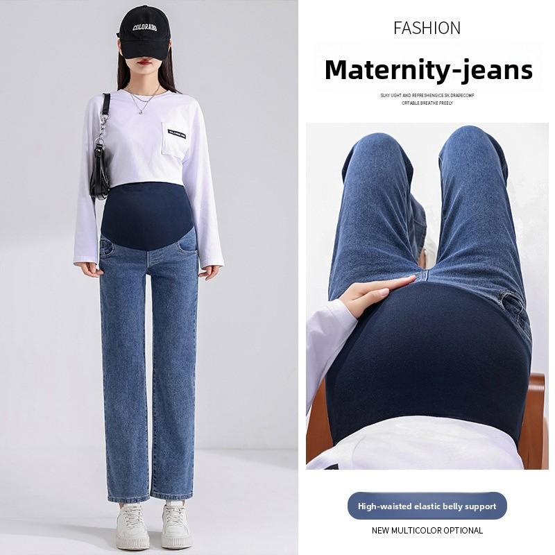 2026 Spring and Autumn Maternity Jeans for Outerwear, High-Waisted, Belly Support, Cropped Straight-Leg Slimming Pants
