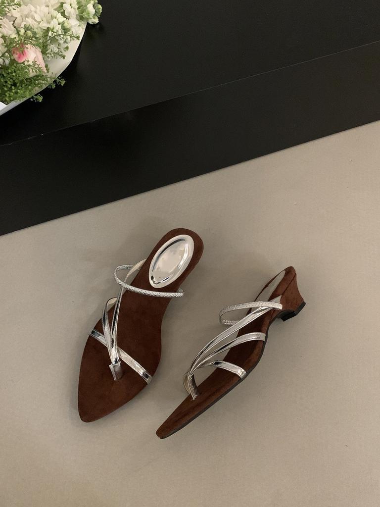 French pointed thick heel strap sandals fairy shoes 2025 new summer with skirt toe silver Roman shoes