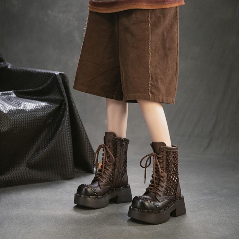 Johnature Hollow-out Boots Genuine Leather Patchwork Mesh Retro Thick Heel Women's Platform Shoes