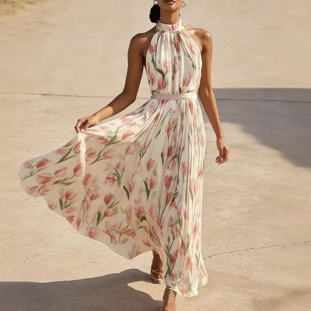 Women's Halter Neck Maxi Dress with Floral Print Sleeveless Vacation Dress Flowy Bohemian Style Summer Dress for Outdoor Events