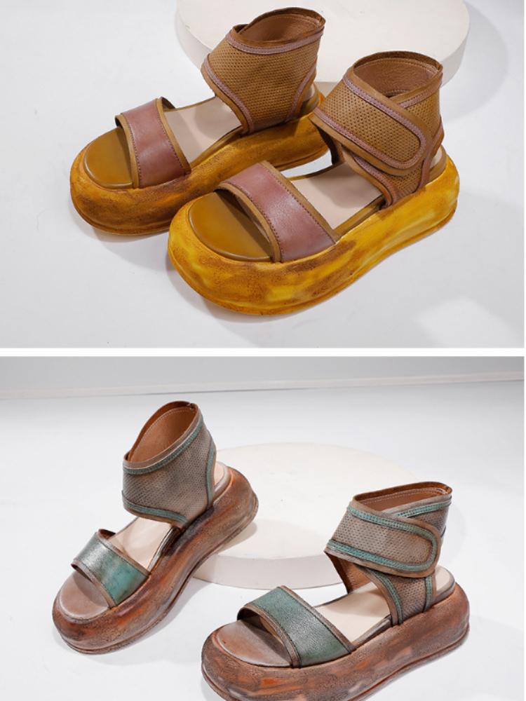 Johnature Genuine Leather Thick Sole Sandals Retro Soft Sole Handmade Women's Flat Platform Shoes