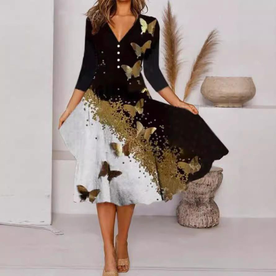 Women's Clothing, Personalized Multi-color Positioning Printed Button V-neck Seven-quarter Sleeve Dress