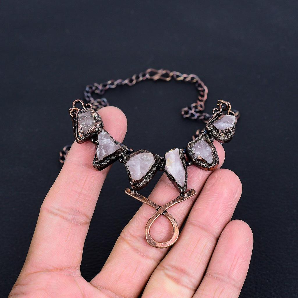 Rose Quartz Necklace, Gemstone Copper Electroformed Handmade Wonderful Jewelry Necklace, Gift for Introverted