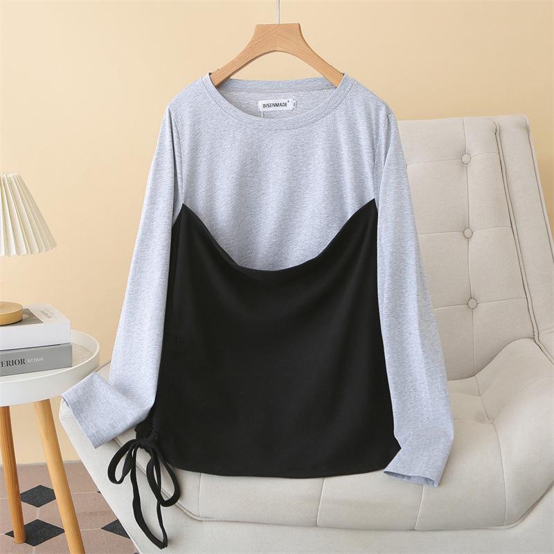 

Spring 2026 Plus Size Women s Color Block Slimming Long Sleeve Fake 2-Piece Base Layer Top 4XL сірий колір