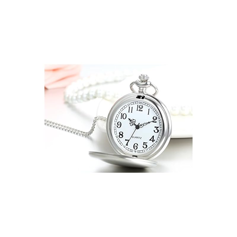 JewelryWe Antique-Style Pocket Watch Necklace, Pendant Watch, Mirrored Full Hunter Design, Simple Silver, Alloy, Valentine's Day Gift