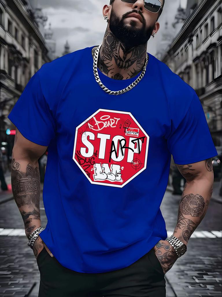 Unisexs Summer Crew Neck Short Sleeve T Shirt Graffiti Stop Sign Slogan Print Black Tee Streetwear Casual Loose Daily Fashion Top