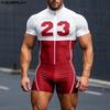 INCERUN Men Short Sleeve Letter Print Patchwork Fitted Pajamas Jumpsuits Romper Bodysuits