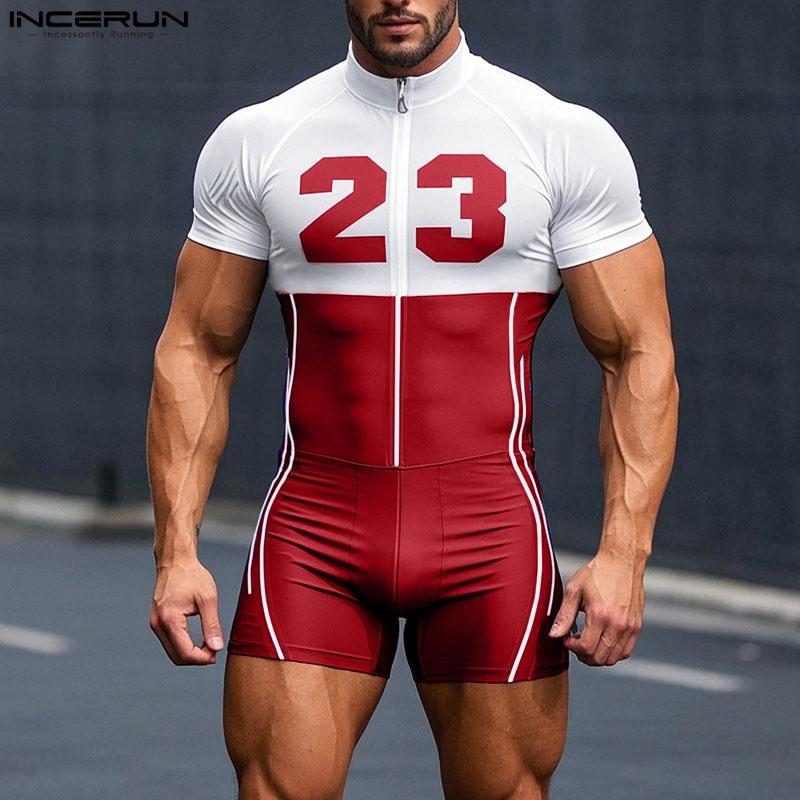INCERUN Men Short Sleeve Letter Print Patchwork Fitted Pajamas Jumpsuits Romper Bodysuits