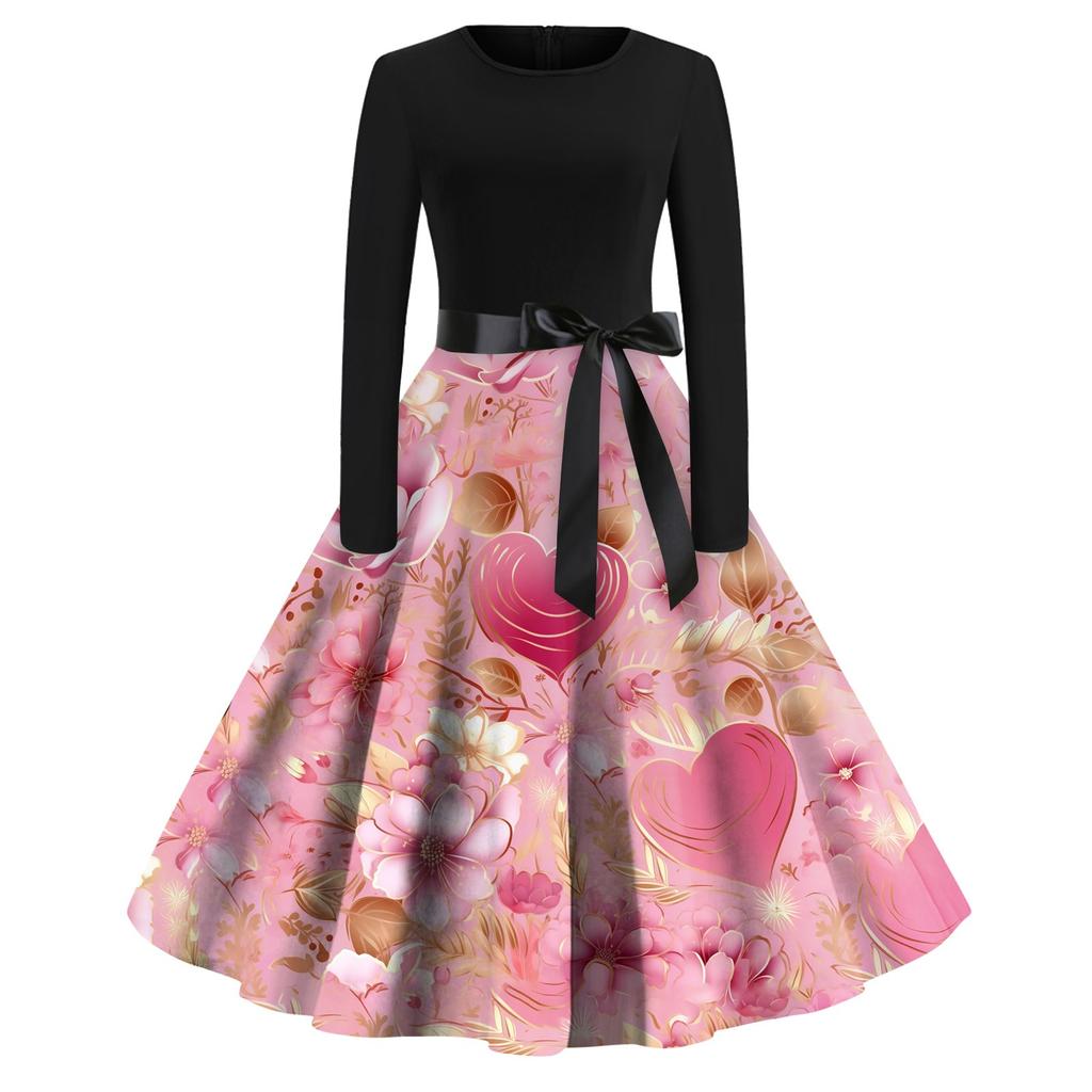 Women's Printed Round Neck Big Hem  Skirt Pleated Skirt Long Sleeved Dress Dress
