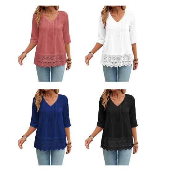 Women V-Neck Hem 45720 Sleeve Casual Shirt Jacquard Decor Solid Color