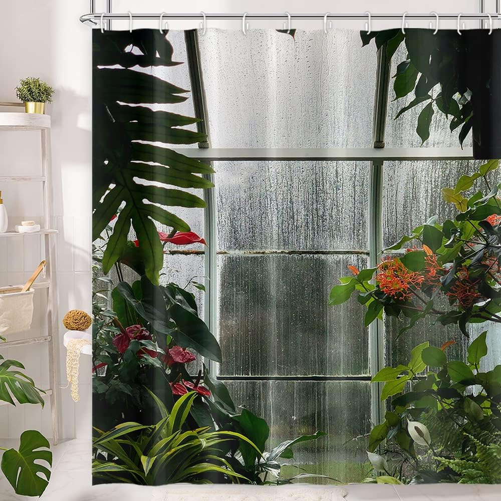 Greenhouse Flower Room Shower Curtains Spring Glass Flowers Green Plants Interior Garden Scenic Machine Washable Fabric Bathroom Curtains Set with