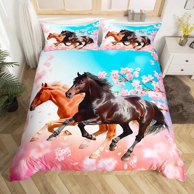 Kirschblüten Pferd Bettbezug Einzelbett für Kinder Jungen, Wildtier Bettwäscheset Galoppierendes Pferd Bettdeckenbezug mit 2 Kissenbezügen