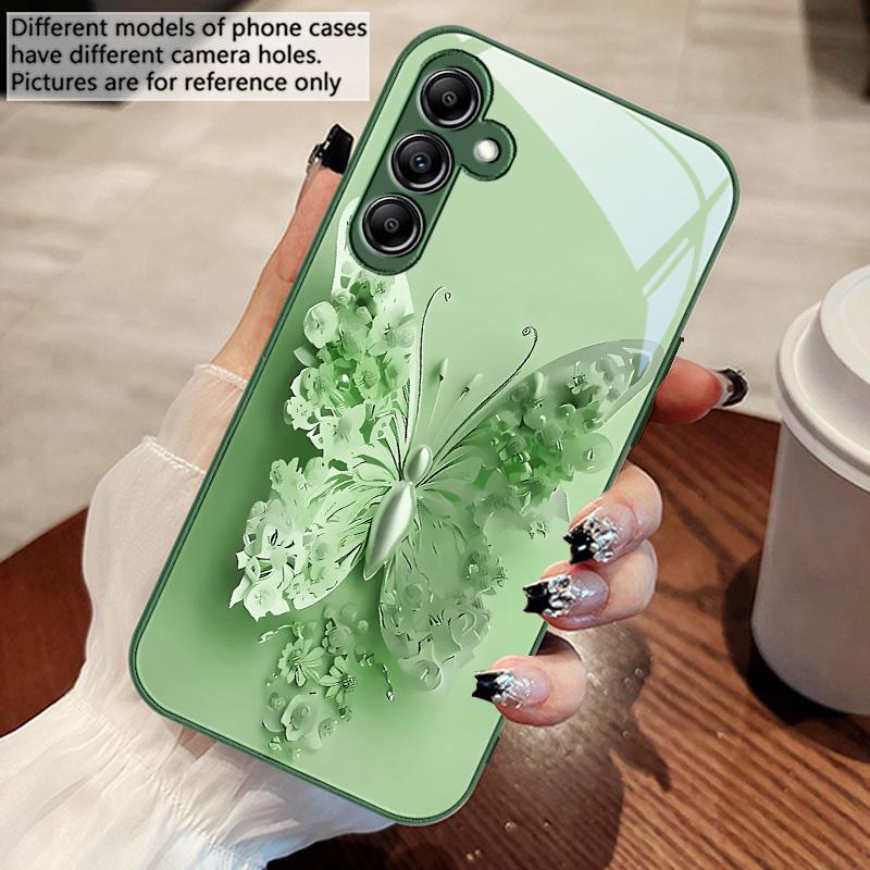 Green Flower Butterfly For Samsung A 73 72 71 70 56 55 54 53 52 51 50 42 35 34 33 32 31 26 25 24 23 22 30 20 Glass Phone Case