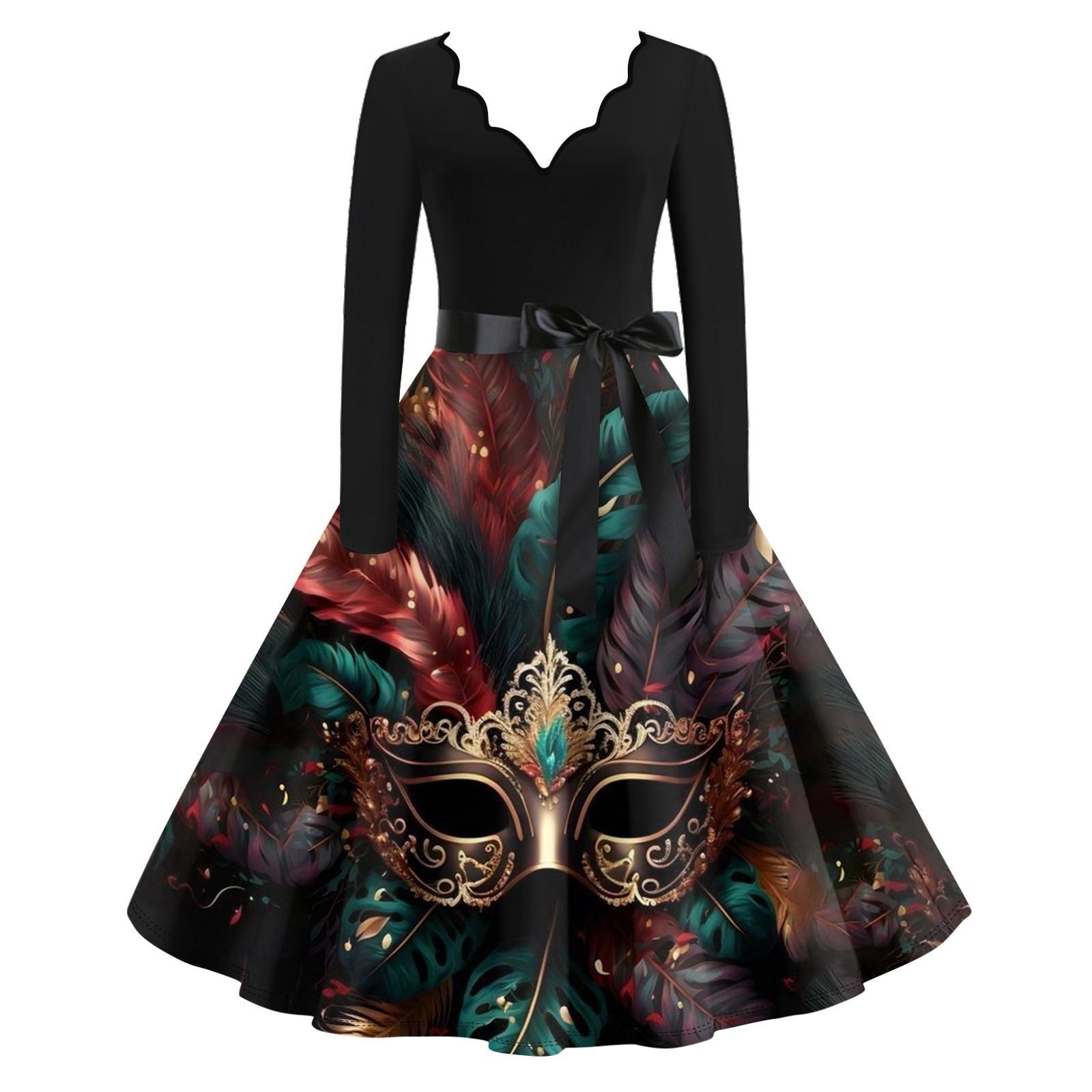 

Женское повседневное модное платье с V-образным вырезом и длинным рукавом с принтом в винтажном стиле L чёрный