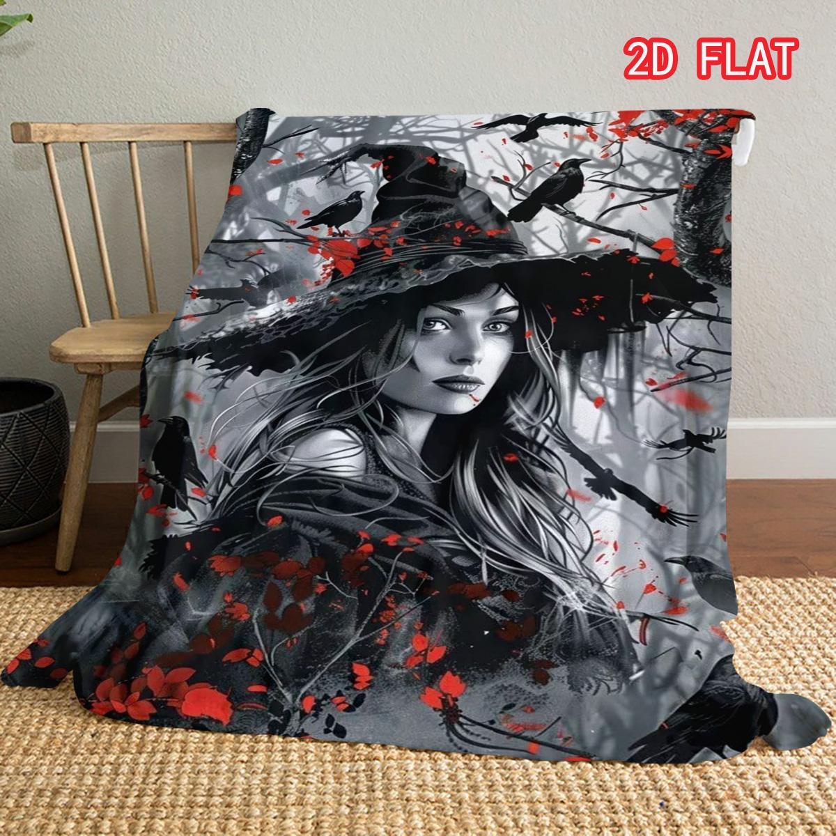

Gothic Witch & Crow Print Blanket, 2D Flat Flannel Throw, Dark Fantasy Style Cozy Blanket for Couch Bed 80cm x 120cm