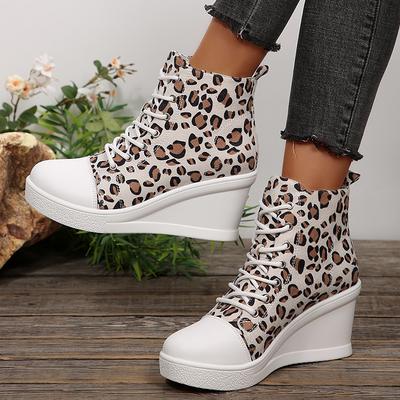 Modische Knöchelboots mit Leopardenmuster für Damen Leichte Plateau-Keilabsatz-Freizeitschuhe Damen Dicke Sohle Schnürung Kurze Stiefel 43
