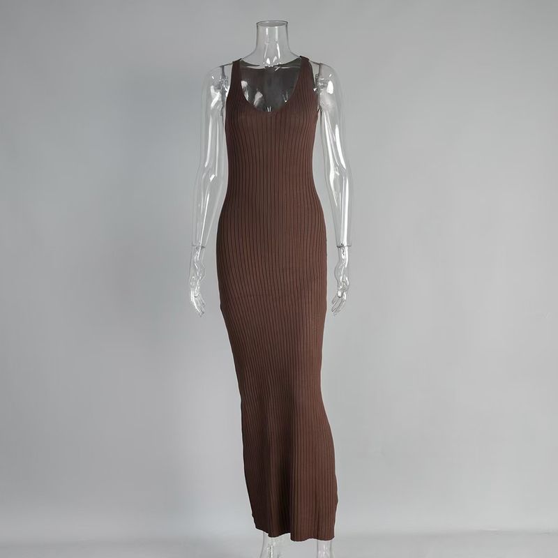 

European and American New Fashion Knitted Sexy V-neck Sleeveless Vest Dress V-Neck Sleeveless Dress Brown L