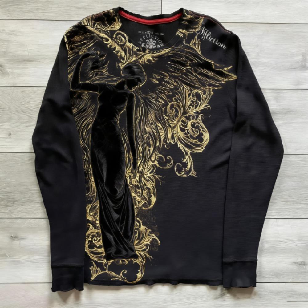 

Spring Europe and America Gothic Printing Long Sleeved T-shirt Fashion Round Neck Oversized T-shirt Men Casual Tops Women Streetwear S
