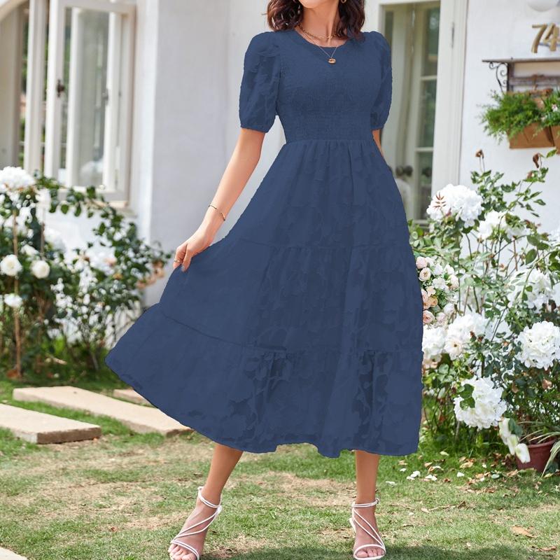 YYFS Women's Fashion Summer Spring Solid Color Print Short Sleeve O-Neck High Waist Casual Dresses