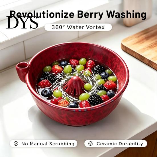 Ceramic Berry Colander Bowl Swirl Washing Bowl, Self Spinning Fruit Vegetable Cleaner with Easy Clean Produce Strainer Drain Holes, 360 Degree Vortex