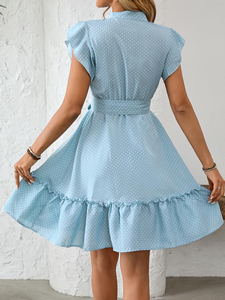 Holiday Breeze Ruffled Dress Summer Women's Elegant Lace Short Sleeve Tie-Up A-Line Dress
