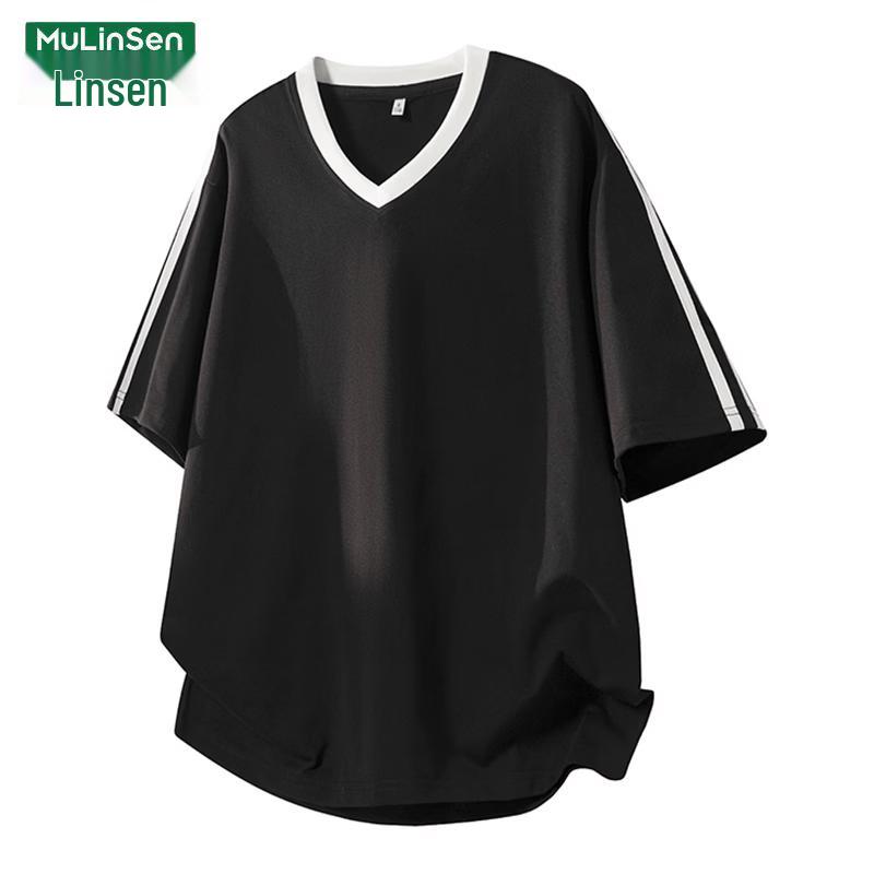 MULINSEN Women s 2026 Summer Color-Block V-Neck Loose Short Sleeve T-Shirt M