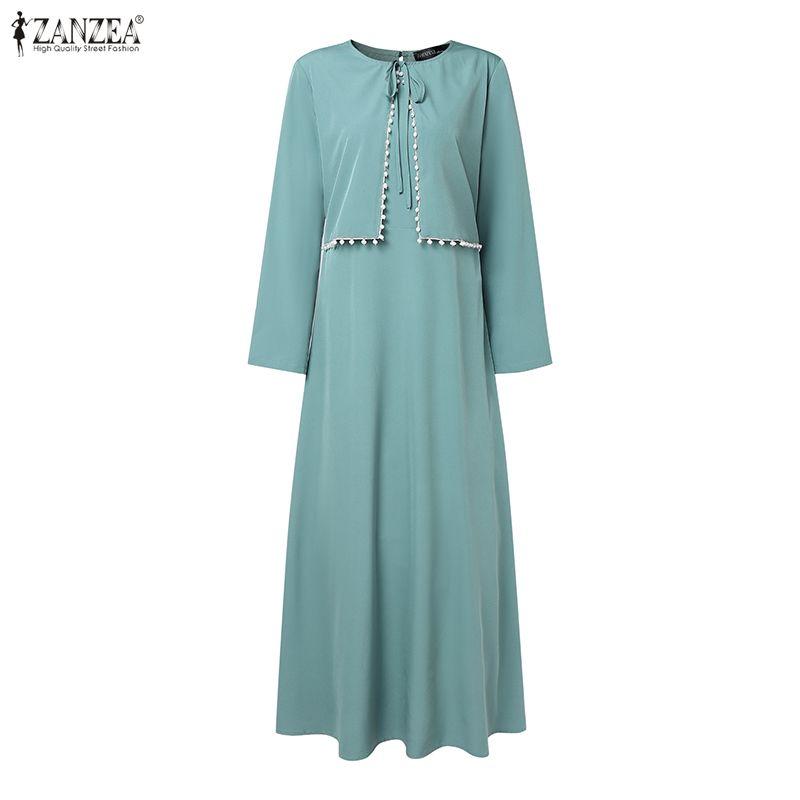 ZANZEA Damen Freizeit Rundhals Langarm Locker Muslimisches Kleid