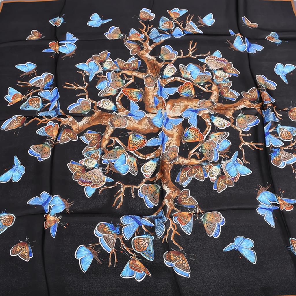 BYSIFA| Black Grey Women Pure Silk Scarves Hijabs Elegant Blue Butterfly Design 100% Mulberry Silk Square Neck Scarf Shawl 108cm