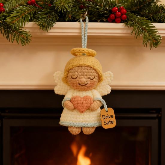 Crochet Angel Car Charm Handmade Knitting Angel Car Rear Mirror Hanging Accessories with Drive Safe Tag New Driver Blessing Present