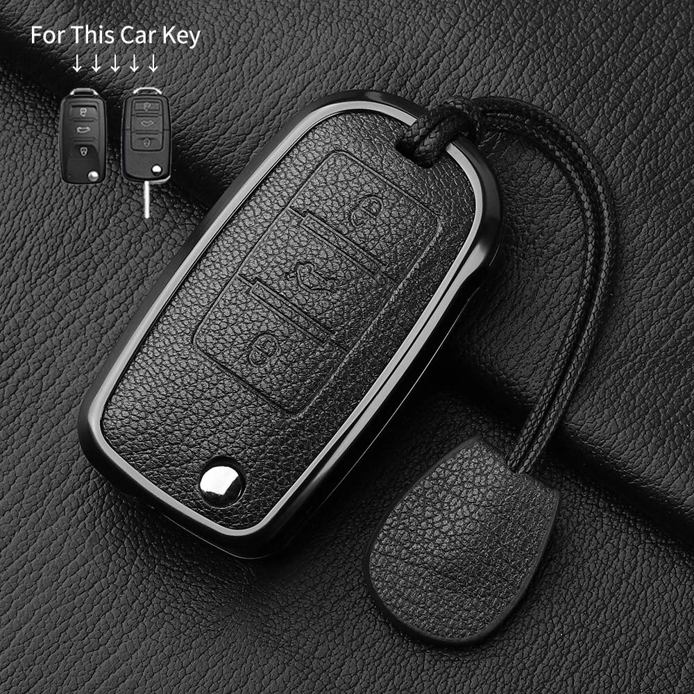 Metal And Leather 3 Button Car Key Case Cove For Vw Volkswagen Beetle Caddy Eos Golf Jetta Polo Scirocco Tiguan Touran Up