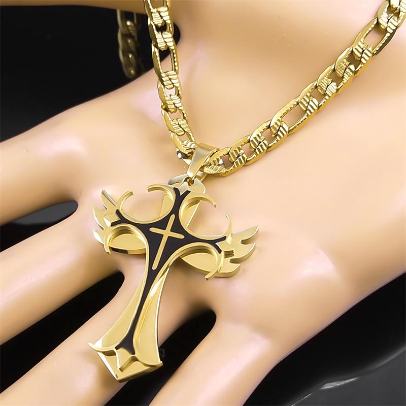 Erkekler İçin Çok Katmanlı Hristiyan Haç Kolye Hip Hop Paslanmaz Çelik Altın Renkli Çarmıh Kolyeler Erkek Takı Hediyeleri