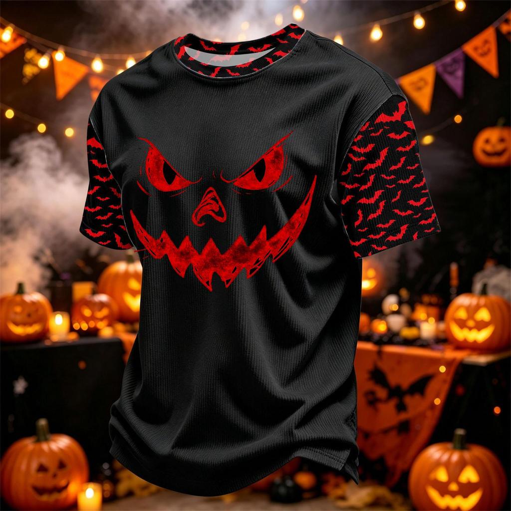 Men's Casual Corduroy Short Sleeve Crew Neck Lightweight Breathable Top Halloween Print Design Comfortable Fit