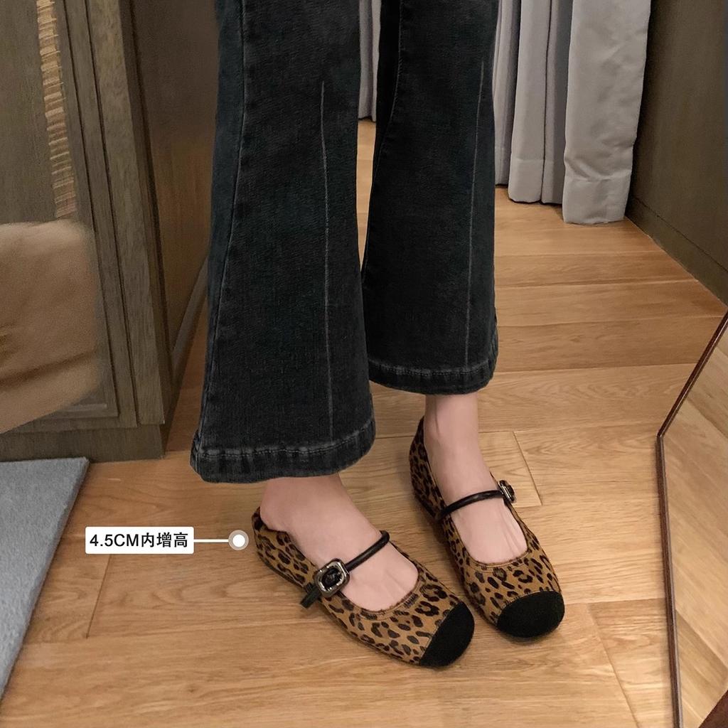 Sheepskin version~ Temperament round head with leopard print inner height increase Mary Jane shoes women's shallow mouth single shoes