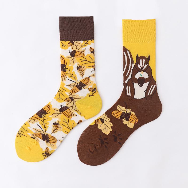 Personalized Cartoon AB Mismatched Socks Fashion Crew Couple Cotton Socks Women's Fancy Flower Fruit Tiger Print Funny Socks
