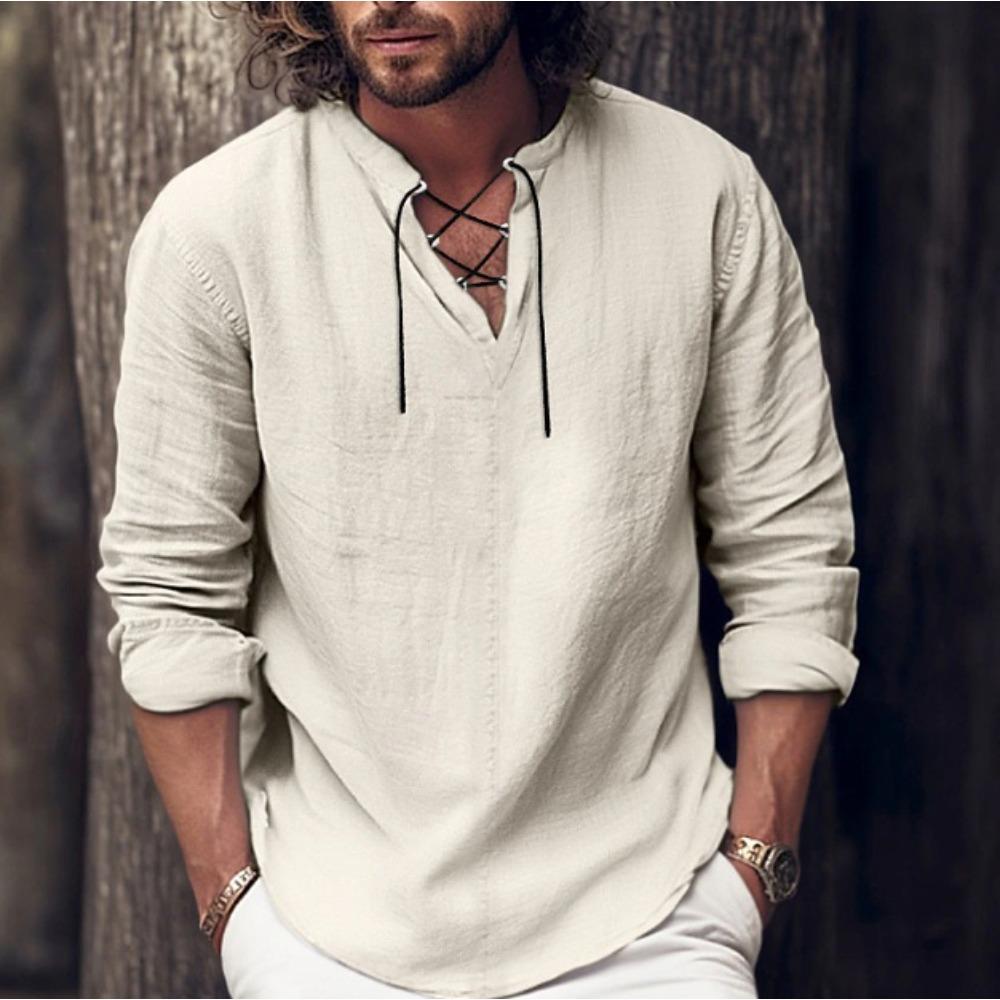 Camicia da uomo Camicia in lino Camicia estiva Abbigliamento da spiaggia Manica lunga Liscia Scollo a V Primavera-Estate Casual Usura quotidiana