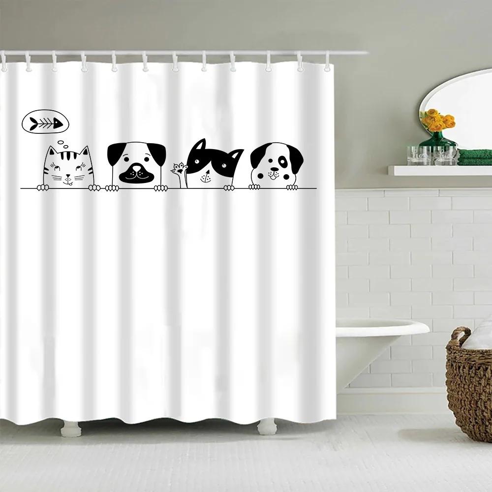 Cute Puppy Cat Cartoon Shower Curtain Waterproof Polyester Fabric With Hooks Washable Bathroom Decor Partition