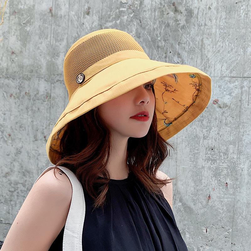 Summer Women's Double-sided Bucket Hat Korean Version Mesh Pattern Button Pot Hat Outdoor Sunscreen Hat