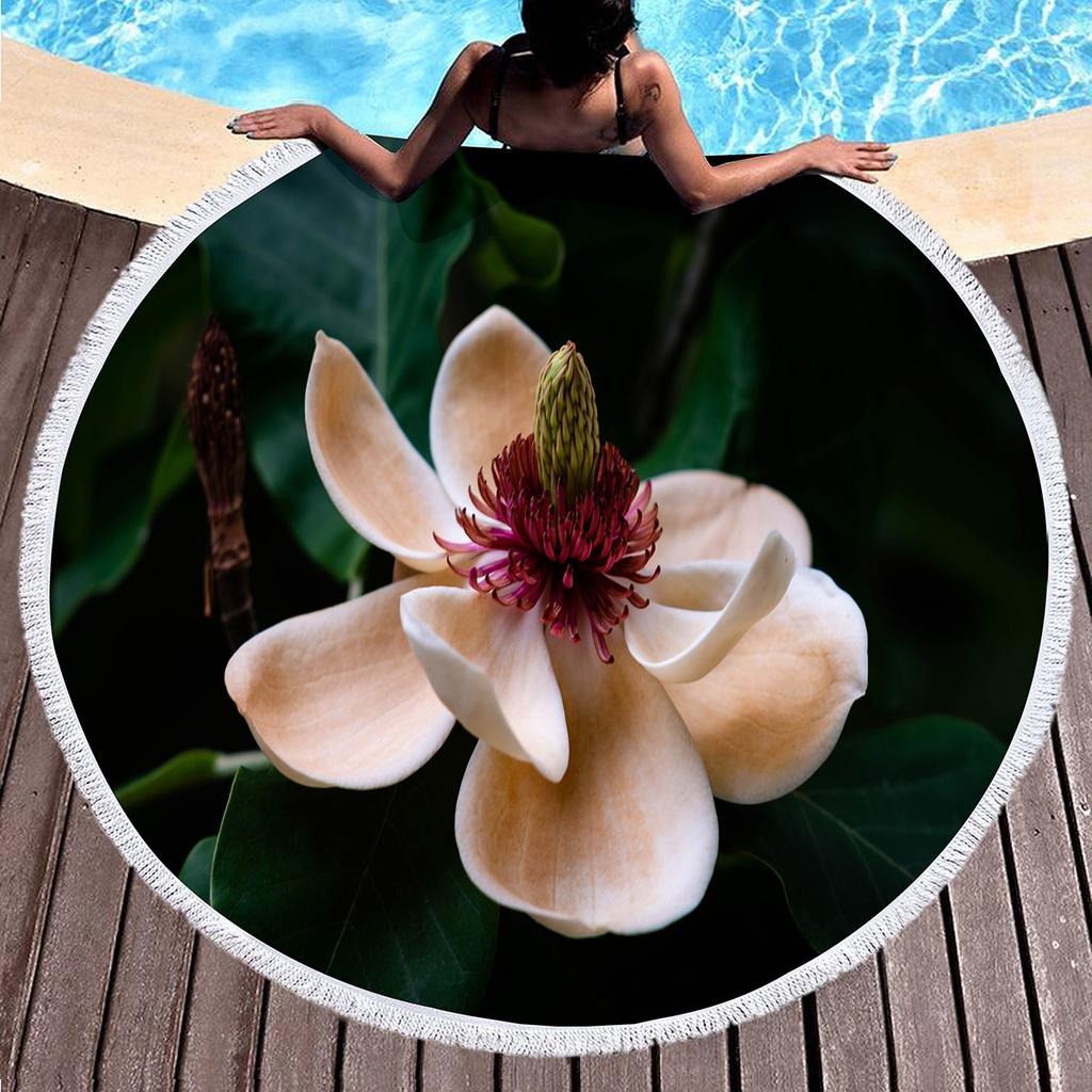 Fragrant Magnolia Flower Round Beach Towel,Soft Polyester Sand Resistant Beach Blanket,Absorbent Quick Dry Pool Towel Picnic Mat