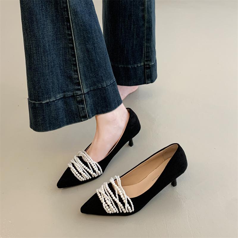 

Pearl Mary Jane single shoes shallow mouth pointed head stiletto high heels women s new style temperament summer 39 чёрный