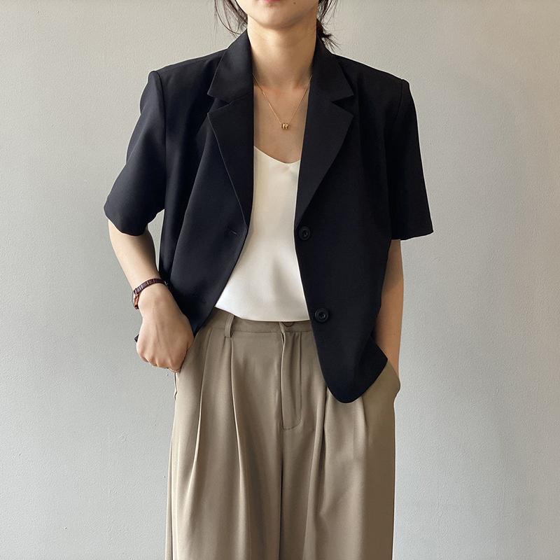 Summer Women Elegant Solid Suit Jackets Office Lady Short Sleeve Single Breasted Casual Blazer Casual Coat