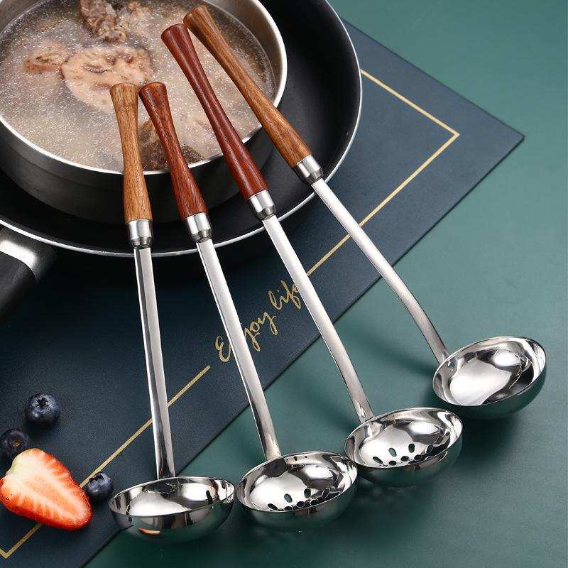 Long Wooden Handle Skimmer Soup Spoon Ladle Serving Tablespoons Stainless Steel Tableware Kitchen Items All with Free Shipping
