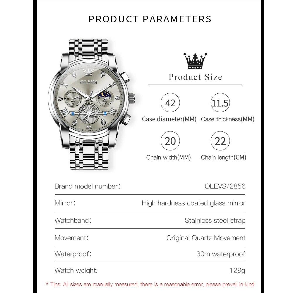 OLEVS 2856 Best Seller Man Watch 24H Moon Phase Chronograph Waterproof Luminous Original Luxury Brand Quartz Wristwatch for Men