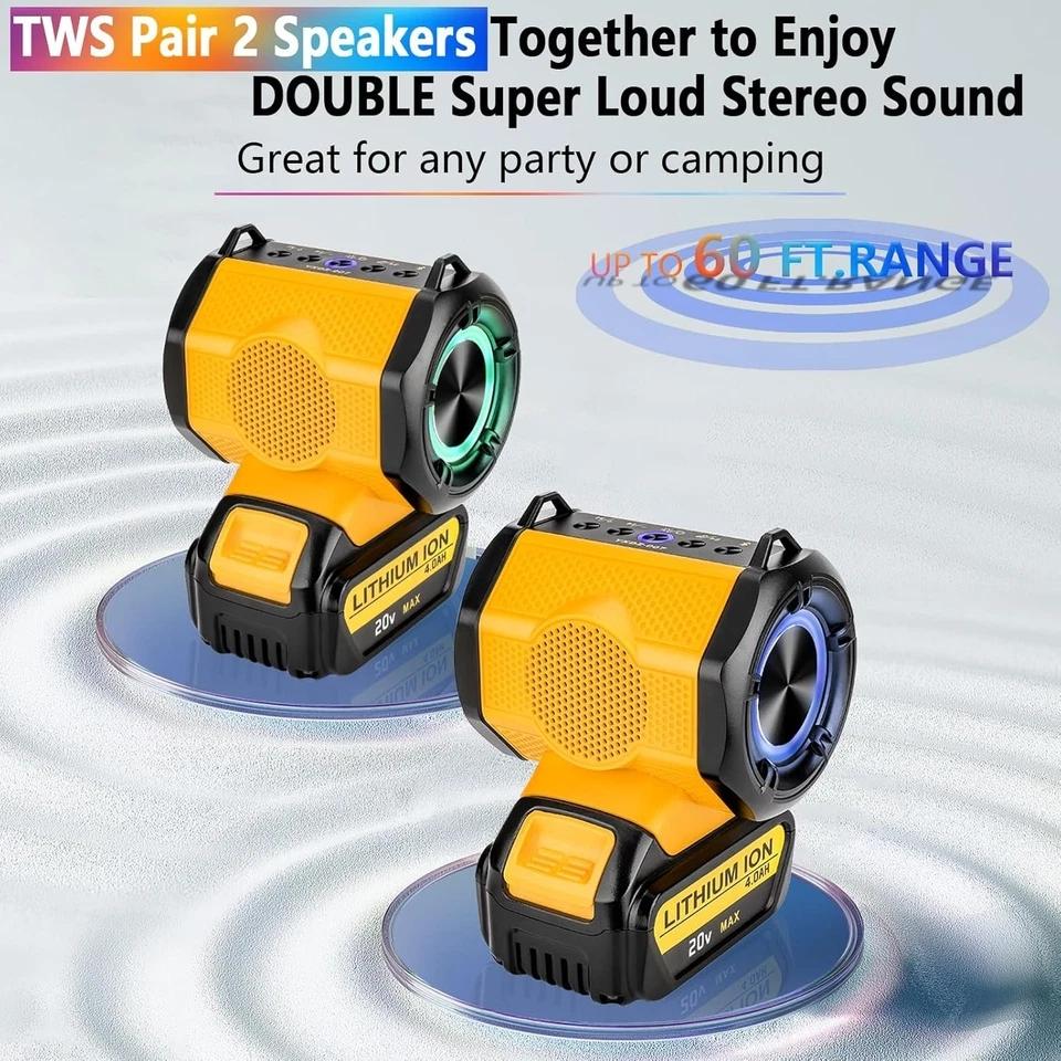 Bluetooth Speaker for DeWalt 18V 20V Li-ion Battery,Wireless BT5.3 & USB Audio Source,TWS Pairing,Home Party Outdoor Speaker