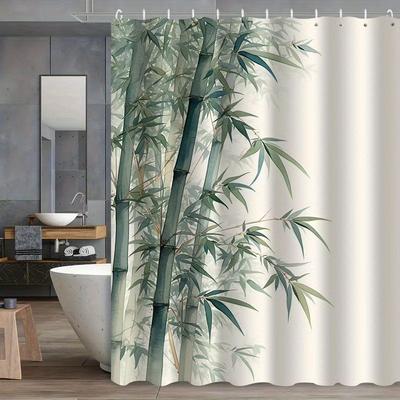 Elegant Bamboo Pattern Shower Curtain, High-End Polyester, Artistic Design, Washable Knit Weave, Includes Hooks, Bathroom Decor