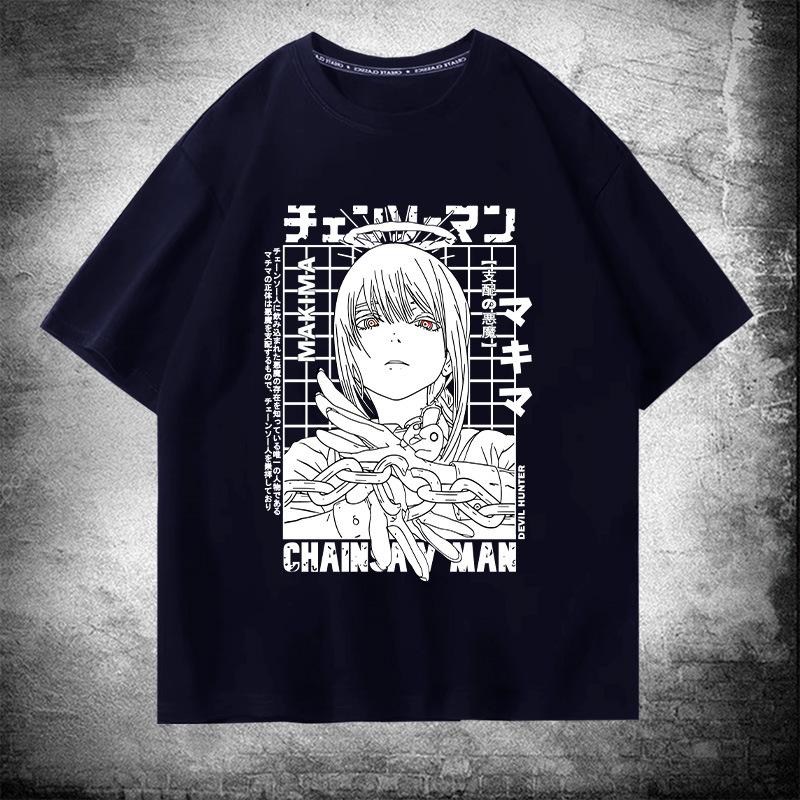 Japanese anime chainsaw man Makima pure cotton short-sleeved men's T-shirt Summer trend brand loose off-the-shoulder half-sleeve